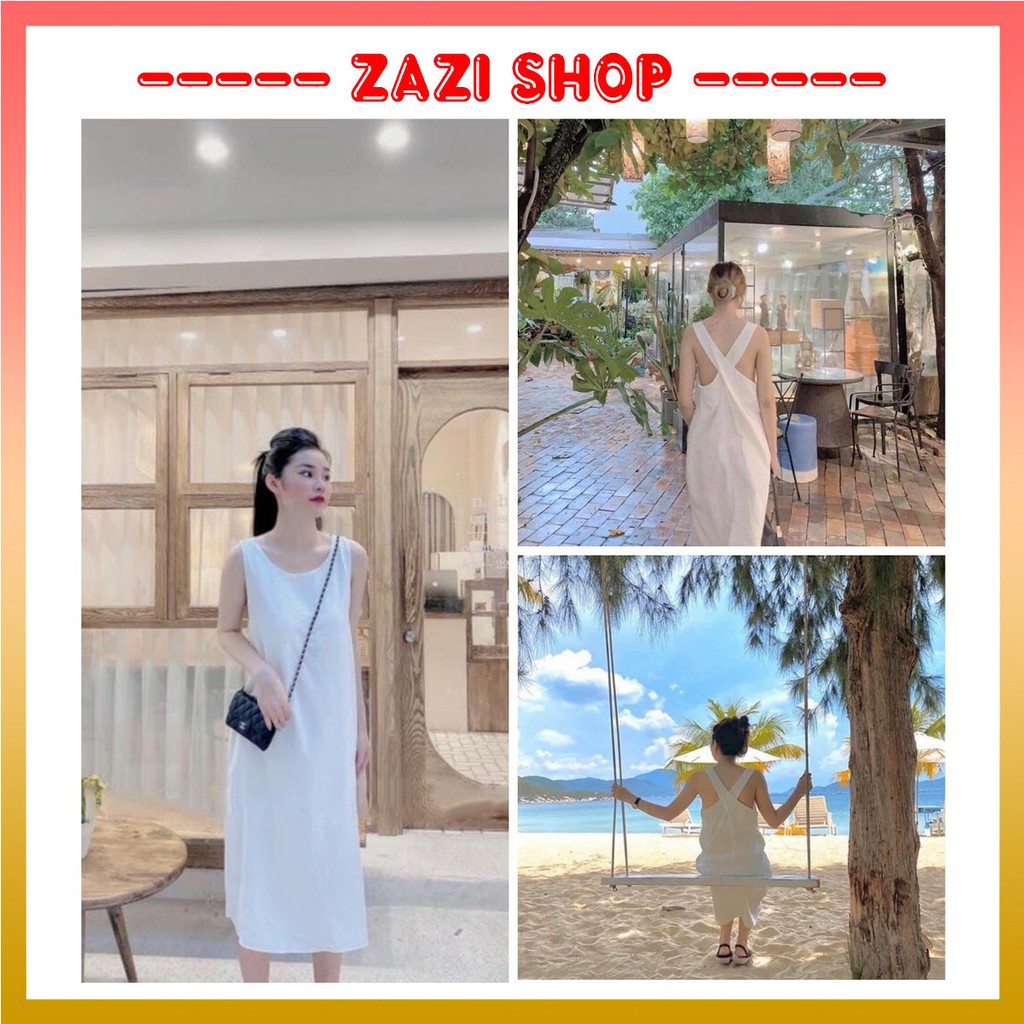 Đầm đi biển maxi hở lưng 💎 Váy đi biển maxi đan chéo lưng 💎 Đầm maxi trắng siêu xinh - ZaZi HD05
