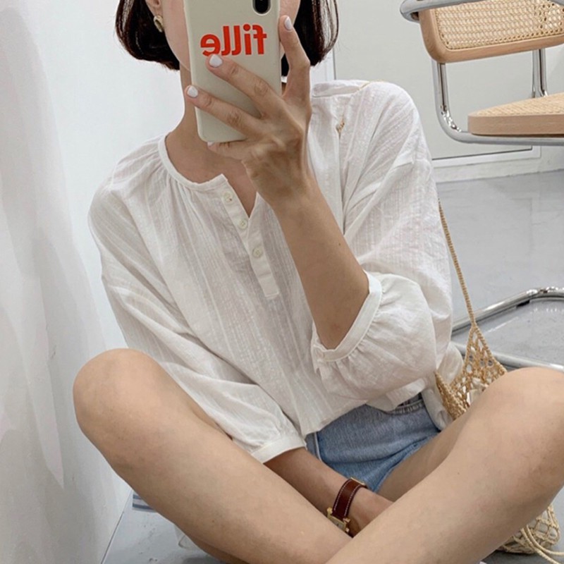 Áo kiểu tay dài phối nút thiết kế màu trơn thanh lịch