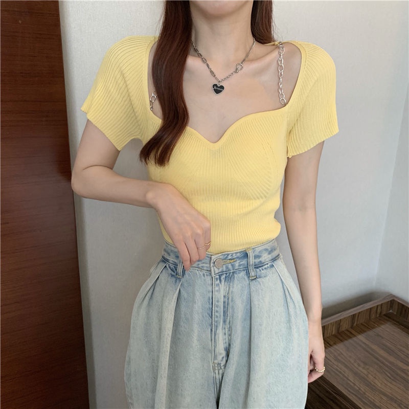 Áo Thun Ngắn Tay Cổ Vuông Phong Cách Mới Mùa Hè Cho Nữ