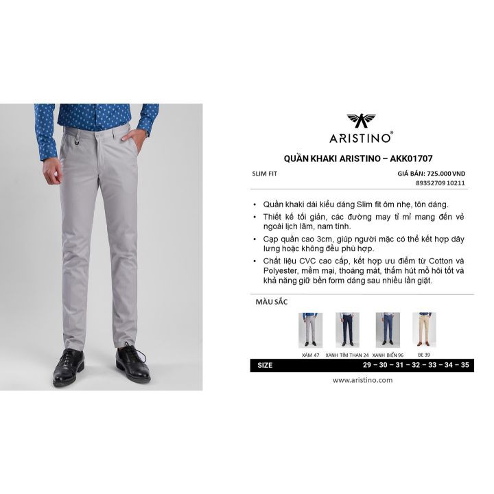Quần dài Khaki Aristino AKK01707 dáng Slim fit - Nên giảm 1 size so với dáng Slimfit thông thường