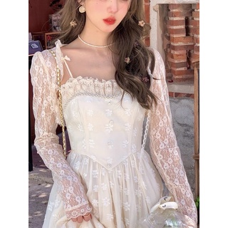 CÓ SẴN🖤Set đầm ren 2 dây+ áo khoác ren công chúa cao cấp đi biển du lịch chụp ảnh nàng thơ/Váy maxi ren dáng dài vintage