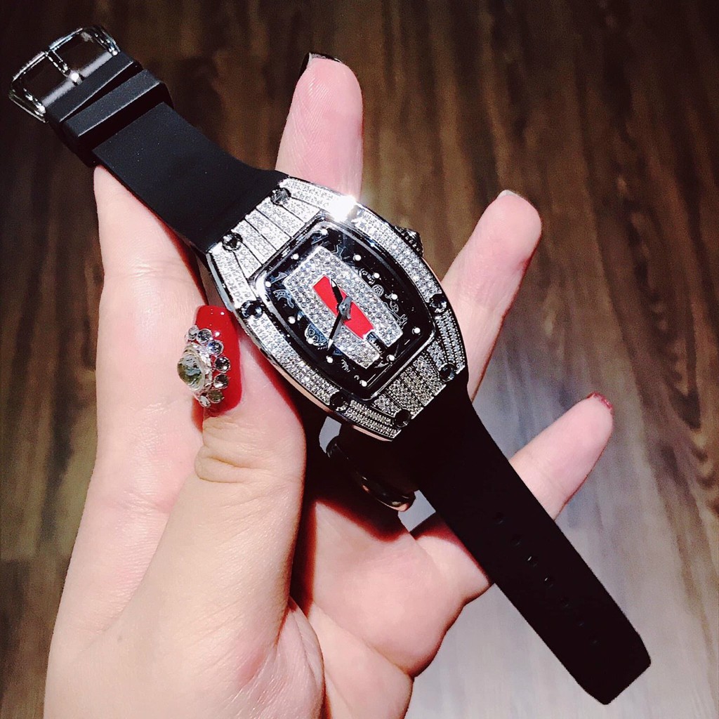 Đồng Hồ Nữ Hanboro By Huboler Dây Silicon Đen Đính Đá - Vỏ Bạc - Fullbox - Authentic - 31 x 42mm