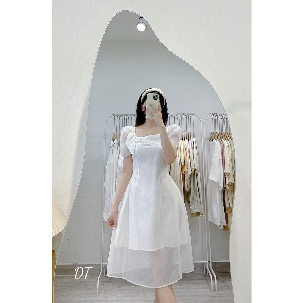 Váy tiểu thư cỏ vuông phối nơ tay voan bồng V137