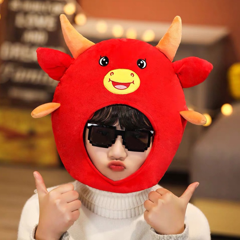 Mũ Nhồi Bông Hình Chú Bò Đỏ Ox Vui Nhộn Hóa Trang Năm Mới