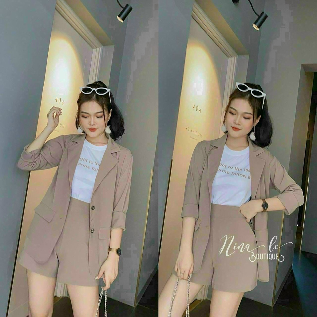 [8.8 Sales Freeship] Set bộ áo vest tay dài kèm quần sooc đùi, bộ vest đùi công sở dài tay đi chơi đi làm đều xinh