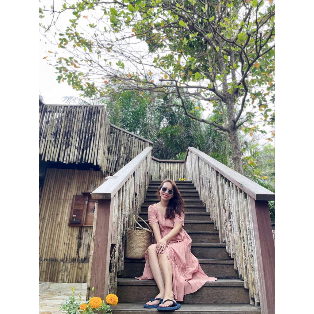 (HÀNG SẴN - ẢNH THẬT) Váy maxi ngắn tay cổ vuông, đầm dài cài nút tùy chỉnh freesize