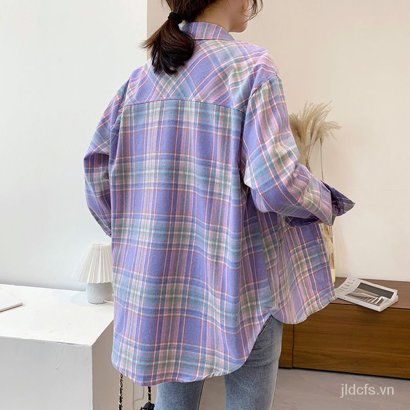 Áo Sơ Mi Tay Dài Dáng Rộng Vải Cotton Họa Tiết Sọc Caro Phong Cách Hàn Quốc Thời Trang Cho Nữ 2021s