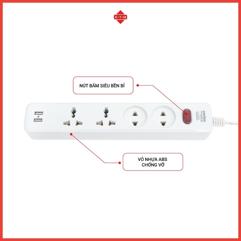 Ổ Cắm Điện Đa Năng Tích Hợp Cổng Sạc Nhanh 27W - Ổ Cắm Thông Minh Sopoka Model 4U2 - Công Suất 2200W - Bảo Hành 2 Năm