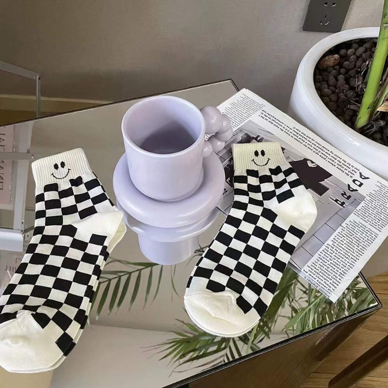 Vớ Cotton Cổ Cao Họa Tiết Sọc Caro Phối Màu Sắc Mặt Cười Phong Cách Hàn Quốc Thời Trang Thu Đông Cho Nữ 0324
