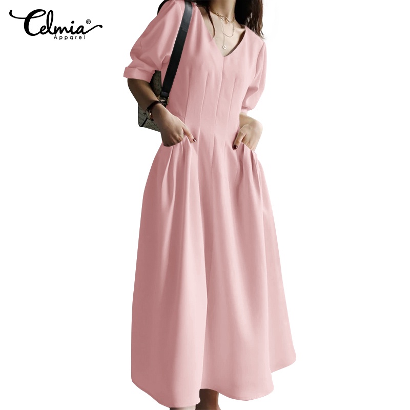 Đầm maxi CELMIA tay lửng cổ chữ V có túi phong cách mùa hè thanh lịch dễ phối đồ cho nữ
