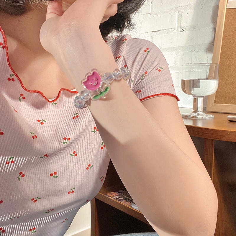 Vòng tay kèm dây buộc tóc co dãn Peachy hình cherry con vịt hoa tulip nhiều màu sắc dành cho nữ