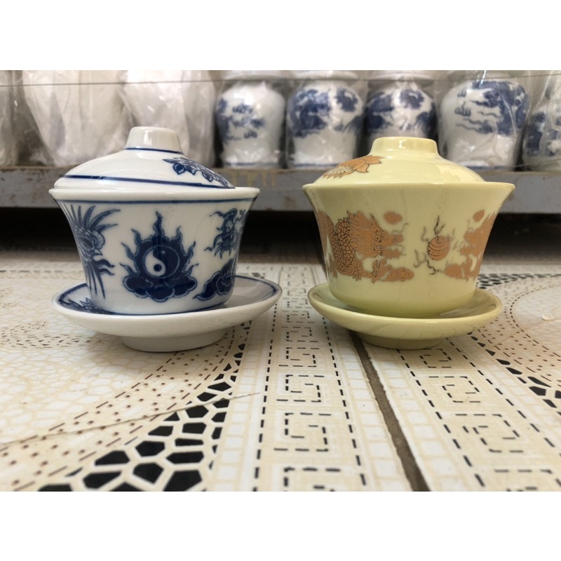 Bát Sâm  thờ men lam vàng vẽ rồng phượng