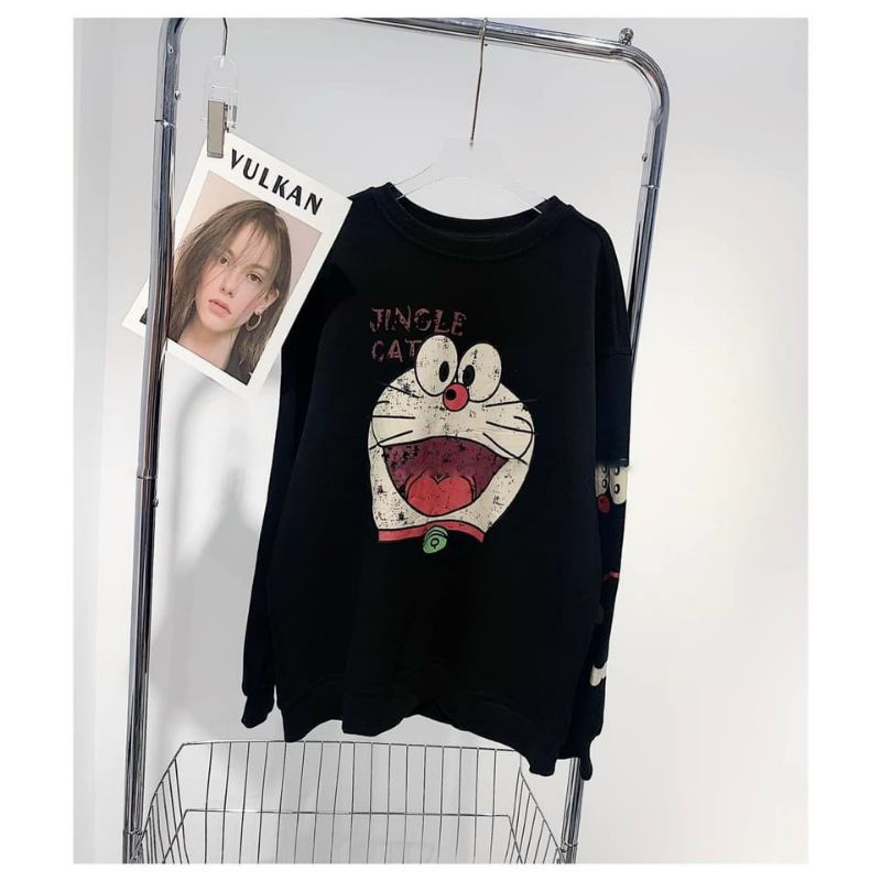 Áo Hoodie Nữ Ms.6880 Áo Dáng Suông Rộng Chùm Mông Tone Đen In Họa Tiết Hoạt Hình, Chất Nỉ Bông Dày Dặn