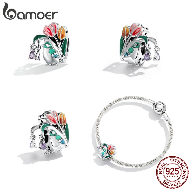 Hạt xỏ trang sức BAMOER SCC21915 bạc 925 thiết kế hoa và chim thời trang DIY