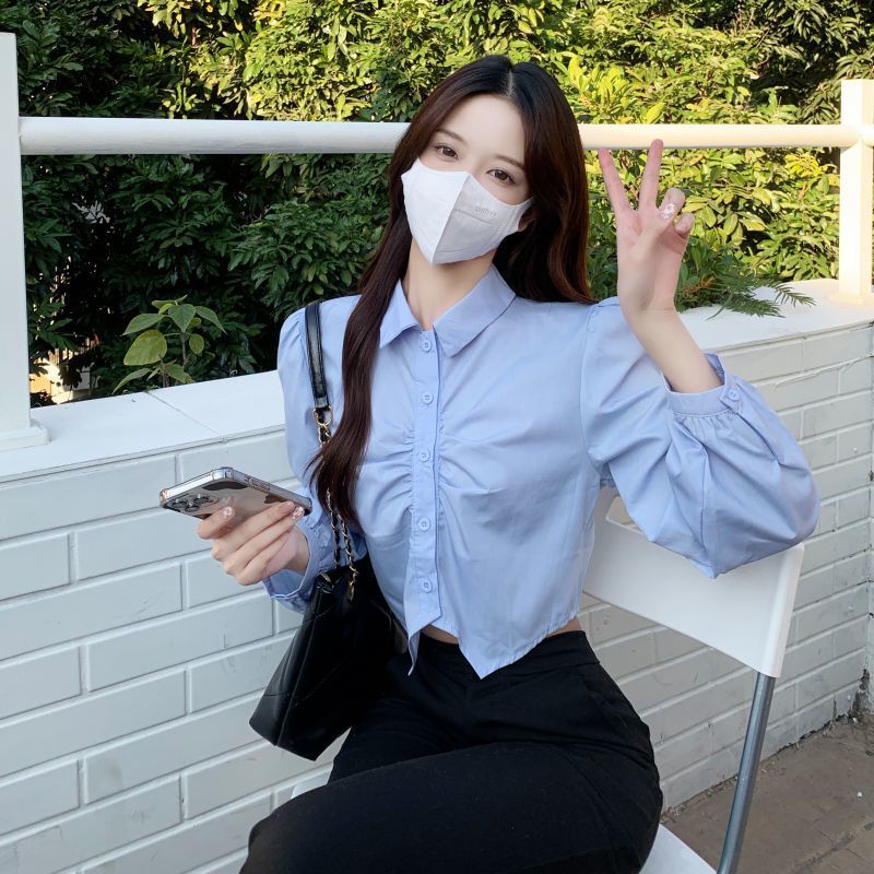 COZOKC COZOK Áo kiểu COZOK tay dài dáng ngắn xếp nếp thời trang Hàn Quốc trẻ trung