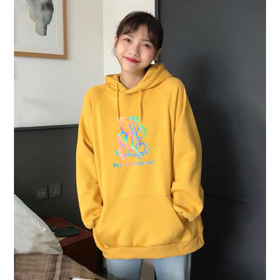 Áo Khoát Nỉ Unisex In Phản Quang Gấu Trượt Ván, Áo Hoodie Có Mũ Không Dây Kéo Cho Cả Nam Và Nữ KN27