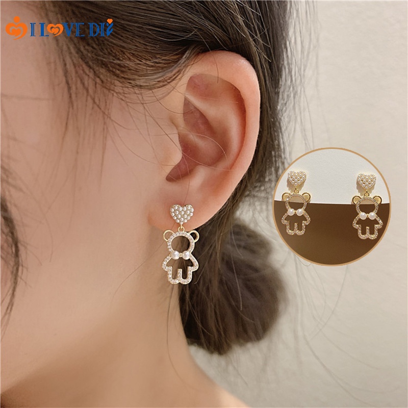 Khuyên Tai Hình Trái Tim/Gấu Đính Ngọc Trai Giả Kiểu Hàn Quốc Đáng Yêu Cho Nữ