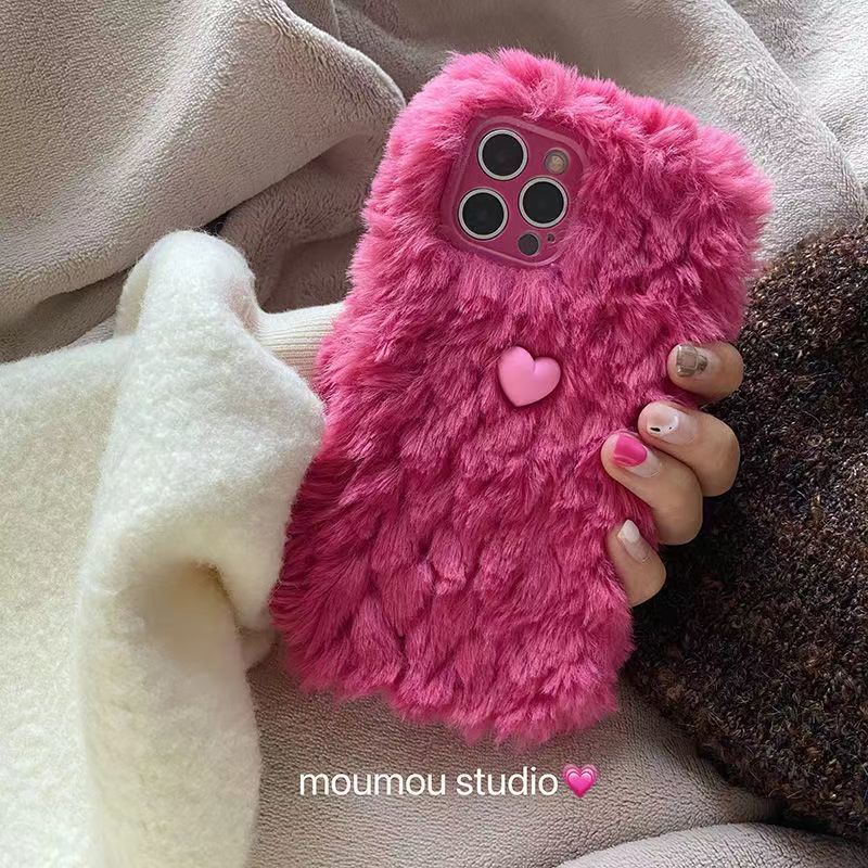 Ốp Điện Thoại Mềm Phối Lông Hình Trái Tim 3D Thời Trang Thu Đông Cho iPhone 14 11 12 13 Pro max 6 7 8 Plus XR XS Max