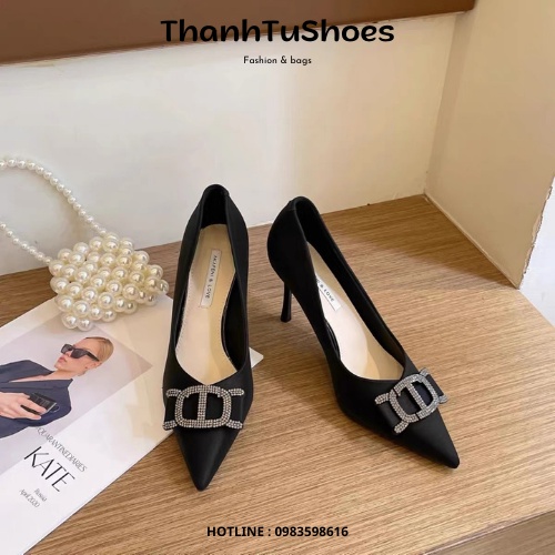 Giày Cao Gót Nữ Mũi Nhọn Gót 8cm Gắn Khuy Đá Hàng QCCC