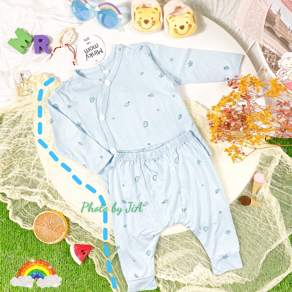 [Bé 5-15kg] Bộ Dài Tay Sơ Sinh Thun Lạnh Quần Đắp Đũng Mặc Tả, Nút Cài Chéo, In Toàn Thân Cho Bé Trai Bé Gái