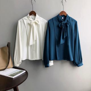 Áo chiffon dáng rộng phối nơ cổ thanh lịch duyên dáng phong cách Hàn Quốc