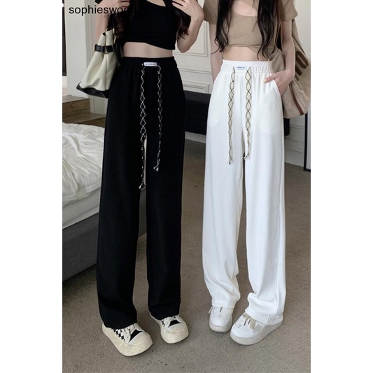 Quần Thể Thao Dây Rút Ống Rộng Lưng Cao Co Giãn Màu Đen Phong Cách Hàn Quốc Size M-2xl