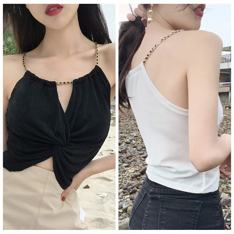 Áo tanktop nữ không tay phối chuỗi xích kim loại đeo cổ phong cách Hongkong