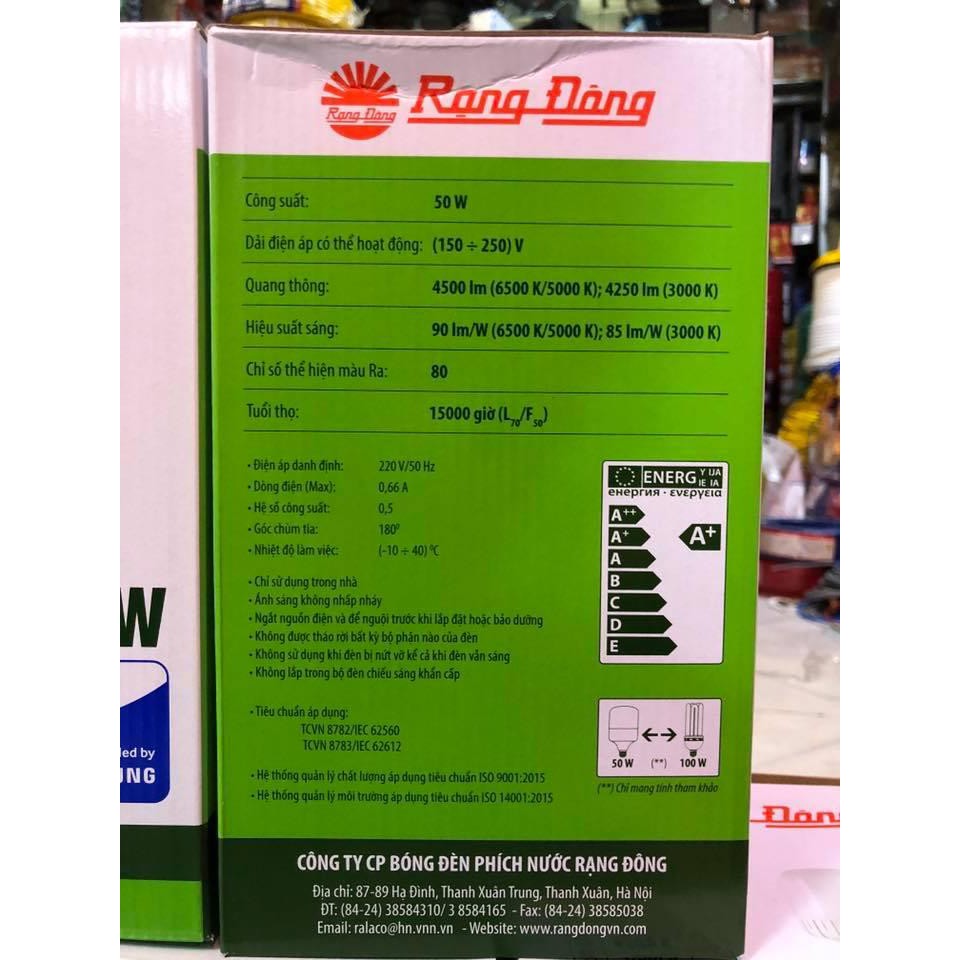 Bóng đèn Led Bulb Trụ Rạng Đông TR140N1/50W-SS (Trắng) Đui E27 tiết kiệm điện Bảo vệ mắt Siêu Sáng Tuổi thọ 15000 giờ