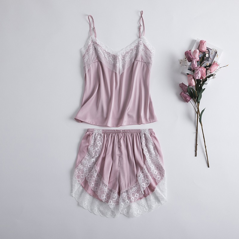 Set Đồ Ngủ Áo Hai Dây + Quần Ngắn Vải Lụa Satin Phối Ren Gợi Cảm Cho Nữ