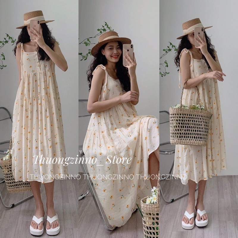 [Siêu hot] Đầm hai dây hoa nhí vàng yellow  Đầm hai dây lụa buộc vai  hoa vintage Hàn Quốc