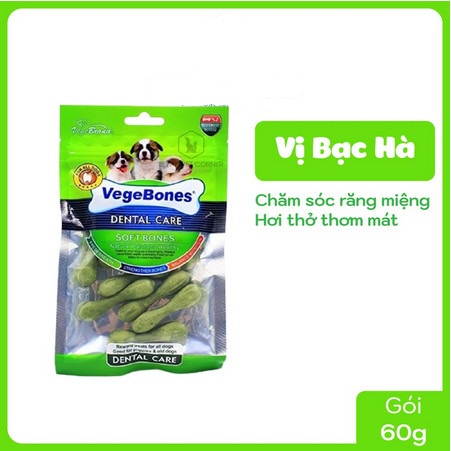 Xương Mini Gặm Sạch Răng, Ăn Vặt Cho Chó Vegebones Gói 60g Bổ Sung Canxi (4 vị mê mẩn Boss ngửi phát thích luôn)