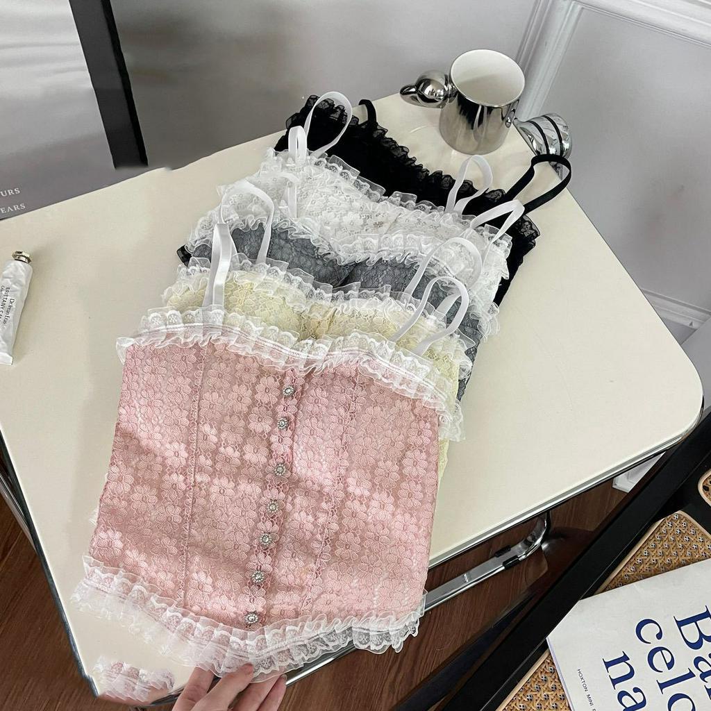 Áo bra ren hoa cao cấp - Bra nữ dáng lửng đính cúc xinh xắn, mút mỏng lưng chun co dãn VALICA B2166