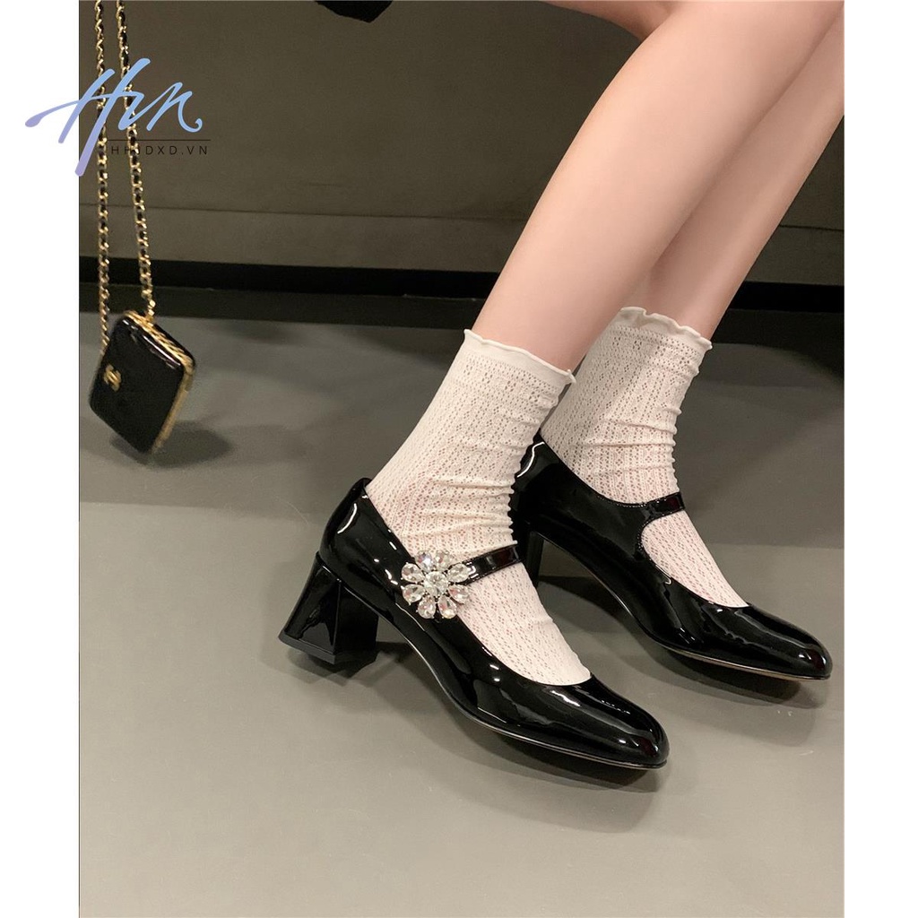 Giày Cao Gót Mary Jane Mũi Vuông Đính Đá Phong Cách Thời Trang Retro Mới 2022