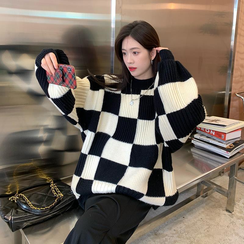 Áo sweater dệt kim dáng rộng họa tiết kẻ sọc phong cách Hàn Quốc cổ điển thời trang dành cho nữ