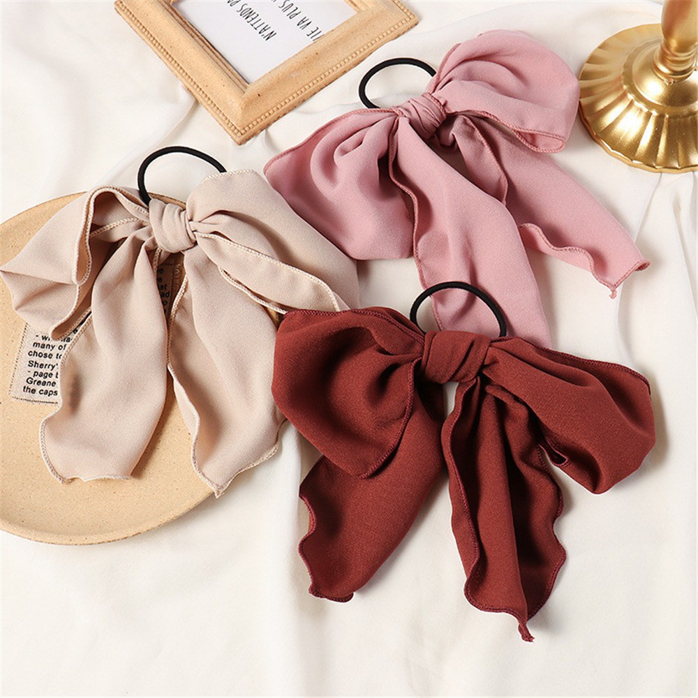 Dây buộc tóc kiểu nơ bản lớn màu trơn hợp thời trang