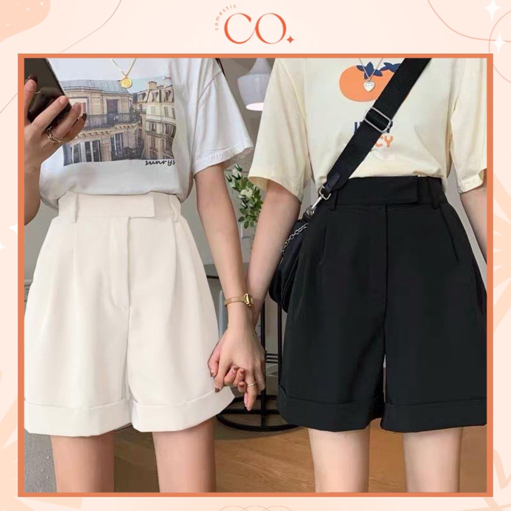 Quần Short Cạp Cao Hai Màu Đen Be và áo Croptop Phong Cách_C30