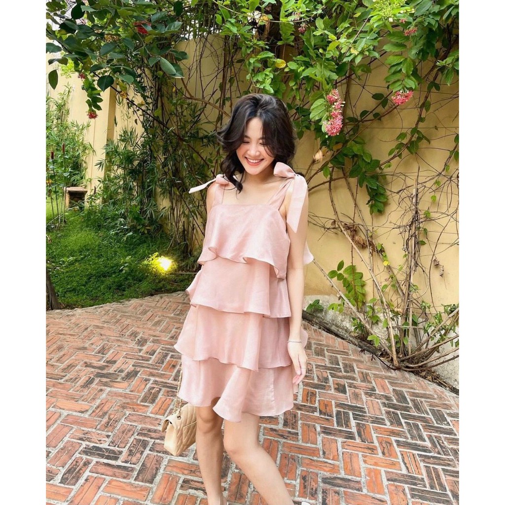 [Mã WASTMAY giảm 15% tối đa 30K đơn 150K] ĐẦM HAI DÂY CỘT NƠ VAI XẾP TẦM 2 MÀU HỒNG TRẮNG TD | BigBuy360 - bigbuy360.vn