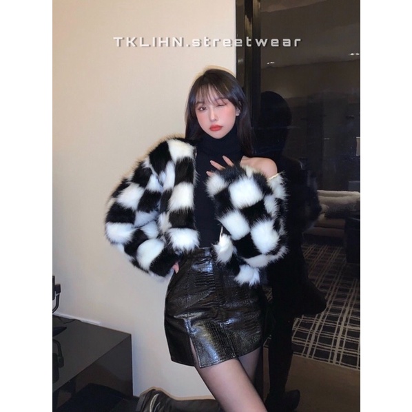 TKLIHN Áo khoác Lông CROPTOP Ulzzang sang chảnh kẻ CARO đen trắng Hot FASHIONITA 2021 KÈM ẢNH THẬT CUỐI
