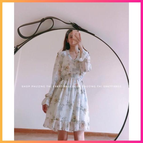 Váy hoa nhí vintage, Váy hoa voan tơ mát mịn cổ V -MOONMY | BigBuy360 - bigbuy360.vn
