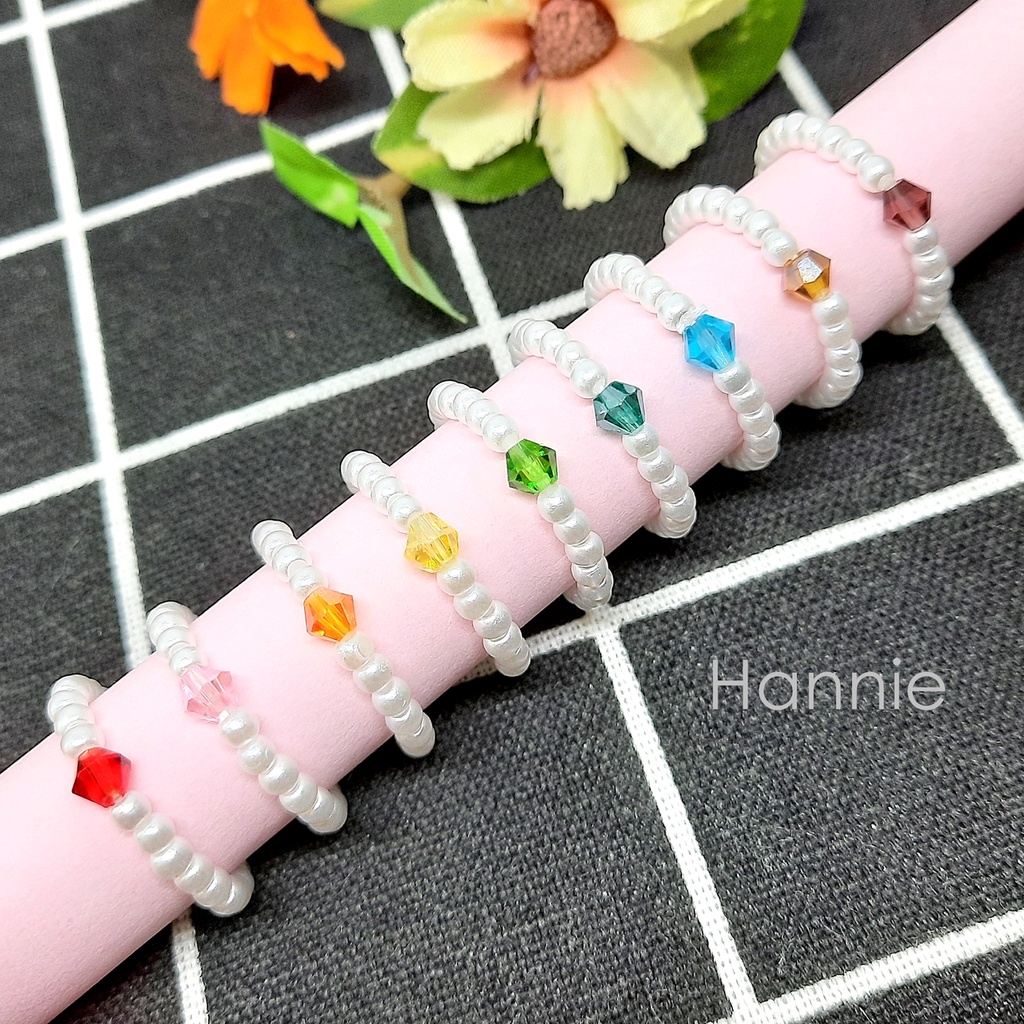 Nhẫn hạt trai pha lê màu đỏ//hồng/cam/vàng/tím/trà/xanh lá/xanh biển handmade