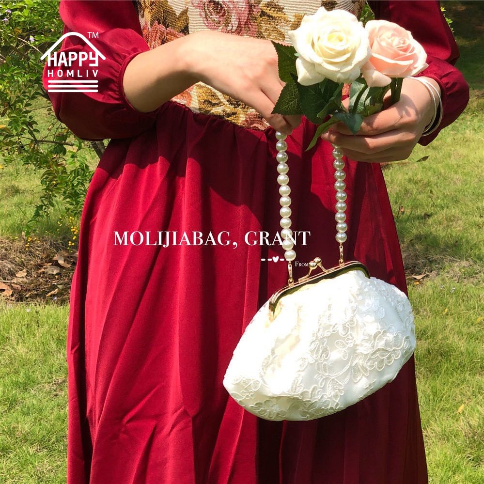 Túi xách đeo chéo HAPPY HOMLIV handmade màu trắng đính ngọc trai thời trang mùa hè cho nữ đi tiệc