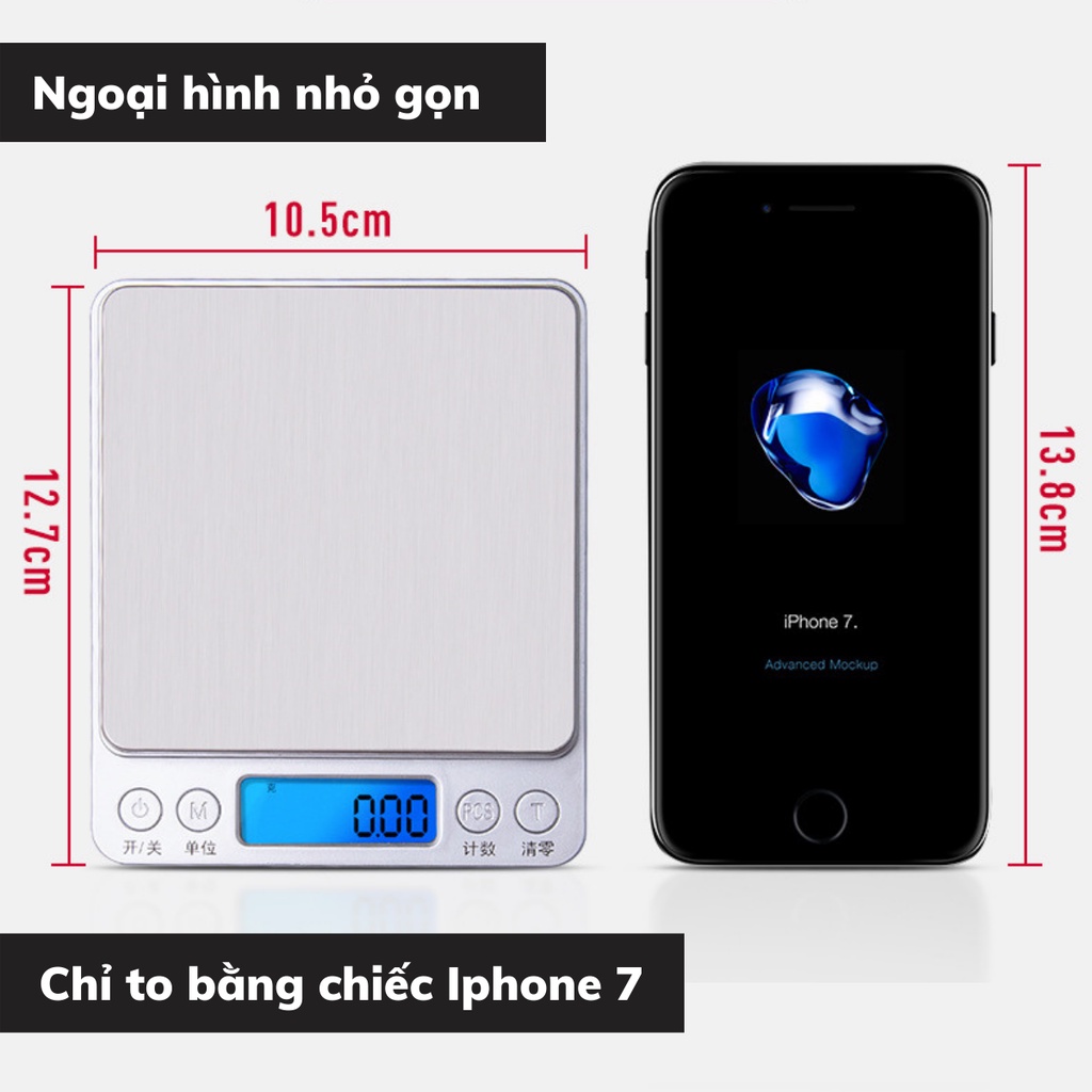 Cân tiểu ly điện tử mini làm bánh nhà bếp định lượng 0,01-500g nhỏ gọn tiện lợi tặng kèm 2 viên pin AAA và mặt cân