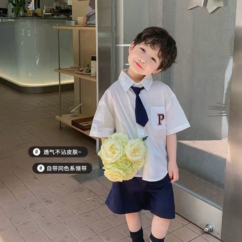Bộ Trang Phục Hai Mảnh Áo Sơ Mi Trắng Ngắn Tay Phong Cách Preppy Thời Trang Mùa Hè Cho Bé Trai 2022