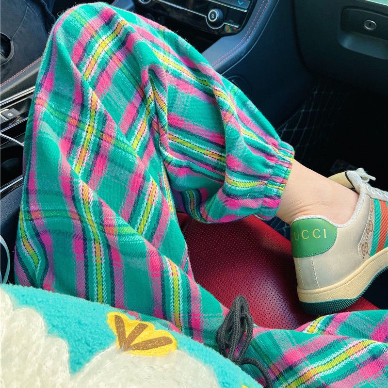 Jiashucheng Quần Dài Dáng Rộng Cỡ Lớn Họa Tiết Sọc Caro Thời Trang Trẻ Trung