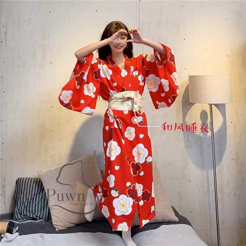 Trang phục Cosplay Kimono, Yukata hoa đỏ phong cách Nhật Bản xinh xắn đáng yêu Puwn Shop