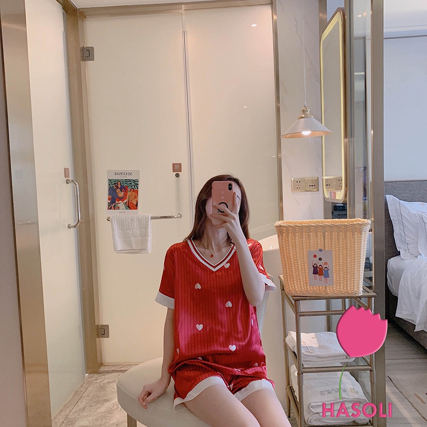 Bộ Ngủ Cotton Lụa-Đồ Bộ Nữ Mặc Nhà Kute Cao Cấp Cộc Tay Siêu Đẹp Màu Đỏ Hình Tim DB04