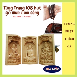 Tượng Đức Phật Thích Ca 💥 TẶNG TRÀNG 108 HẠT GỖ MUN 💥 Văn Thù Bồ Tát - Phổ Hiền Bồ Tát. Điêu Khắc Chất Liệu Gỗ, quà tặng