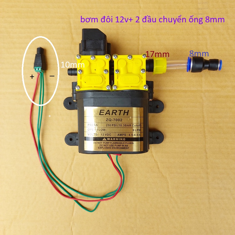 Máy bơm đôi EARTH tăng áp lực nước mini 12V 120W Lưu lượng 9L/phút dùng phun sương,máy bơm mini 12v
