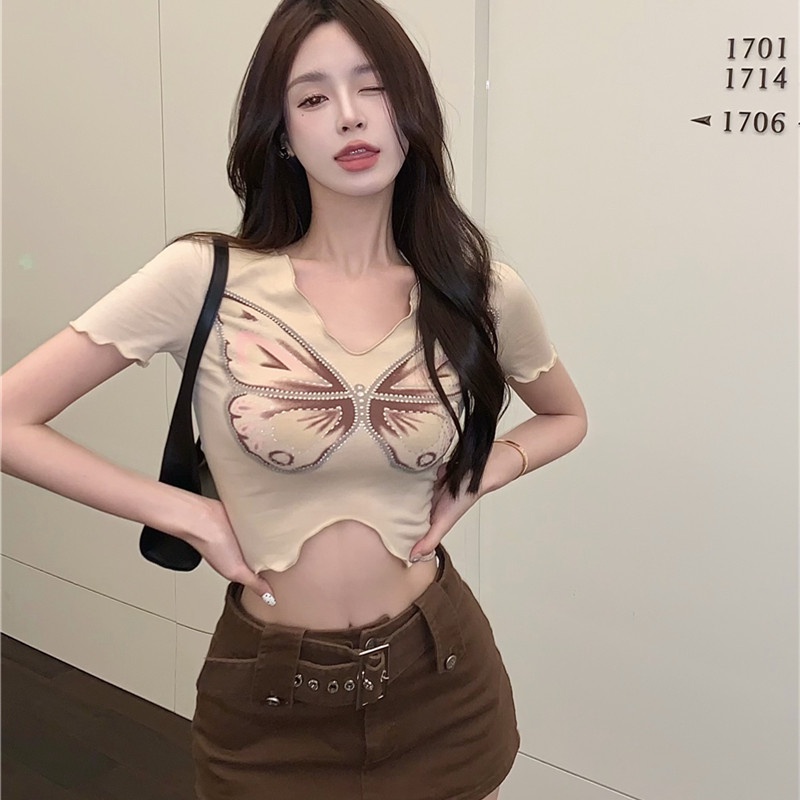 Áo Croptop Tay Ngắn Cổ Chữ v In Họa Tiết Thời Trang Quyến Rũ Cho Nữ