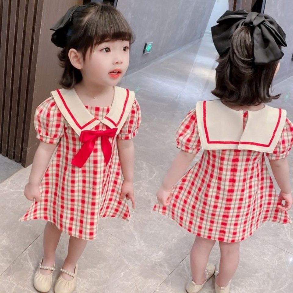 Đầm công chúa tay ngắn họa tiết sọc caro thời trang mùa hè phong cách Hàn Quốc mới cho bé gái